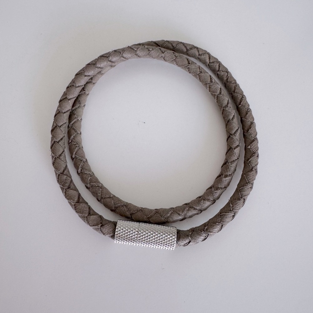 Double Wrap Braided Leather Bracelet with Silver Magnetic Clasp